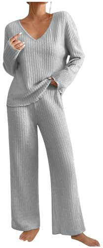 Ribbed Lounge Wear Sets for Women Uk 2 Pieces Co Ord Sets Tracksuit Full Set Ladies Pjs Sets Loungewear Knitted Ribbed Bottom Lounge Wear Suit Set Women's Tracksuit Sleepwear Homewear