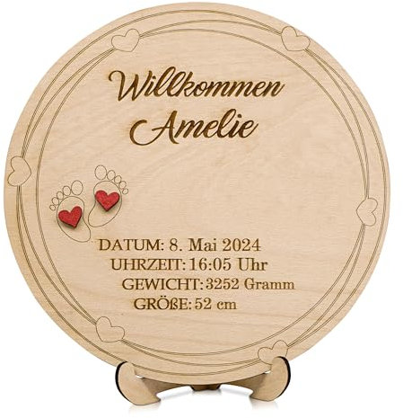 Munera Design - Baby personalisiertes Geschenk Geburt mit Namen, Datum, Gewicht, Größe, Uhrzeit mit Gravur mit 2 roten Herzen - 20cm Buche