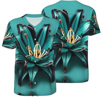 Softball-Trikot, Blaugrün, Lilie, individuelles Baseball-Trikot mit Hip-Hop-Mode, atmungsaktiv, Baseball-Knopf für Herren, Weiss/opulenter Garten, 4XL
