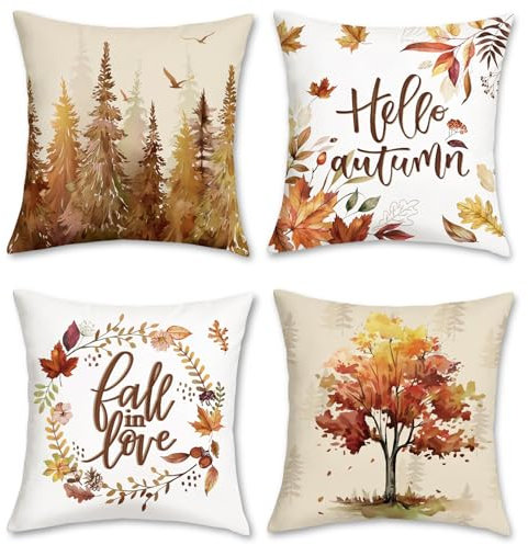 Bonhause Fundas Cojines Otoño 45 x 45 cm Funda de Almohada Árboles de Otoño Corona de Hojas Terciopelo Suave Cojines Decorativos para Sofá Cama Hogar Jardín Juego de 4
