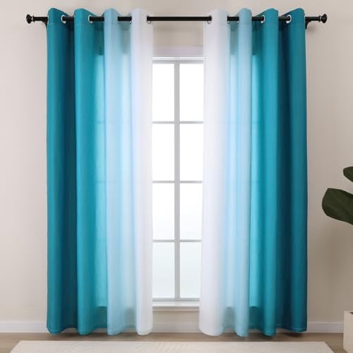 L.Z.E Gardinen Sichtschutz Lichtdurchlässig Petrol Farbverlauf Ösenvorhang Gardine Schal Weiß Türkis Vorhänge für Wohnzimmer Schlafzimmer Fenster 2er Set Privatsphäre Gardine mit Ösen 245 cm Lang Dünn