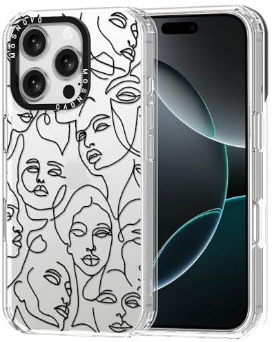 MOSNOVO Case for iPhone 16 Pro, [Buffertech 6.6ft Military-Grade Drop Protection] [Anti Peel Off Tech] Clear TPU Bumper Phone Case Cover Design - Abstract Face Line Art