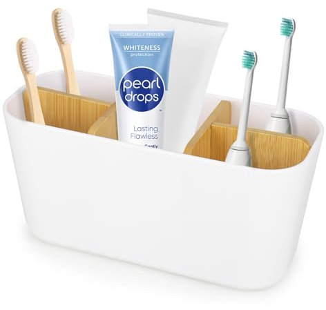 Trendecor Zahnbürstenhalter Bambus Trennwände Toothbrush Holder, Abnehmbar Badezimmer Organizer mit 4 Zahnbürstenfächer + 1 Zahnpastafach für Büro Wohnzimmer Bad Waschbecken Arbeitsplatte