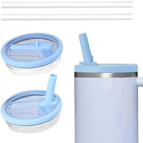 2 Pack 40 OZ Tumbler Flip Straw Lid With 2 Straws For 40 OZ Replacement Lids Spill Proof Splash Resistant Tumbler Covers Fit for Stanley Tumbler Accessories and More Coffee Mugs (light blue)