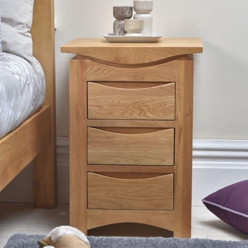 Crescent Solid Oak 3 Drawer Bedside Cabinet - Three Drawer Unit - Solid Wood Furniture Side Table - Chest of Three Drawers - Fully Assembled - H55 x W40 x D40 cm