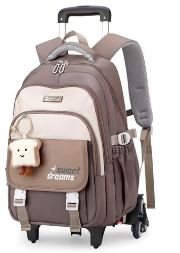 Amythe Schulrucksack Trolley für Mädchen, Teenager Rucksack Schule mit Rollen, Abnehmbar Trolley Schulranzen für Grund- und Sekundarschüler, Daypack für Reise mit 6 Räder,36L -Braun