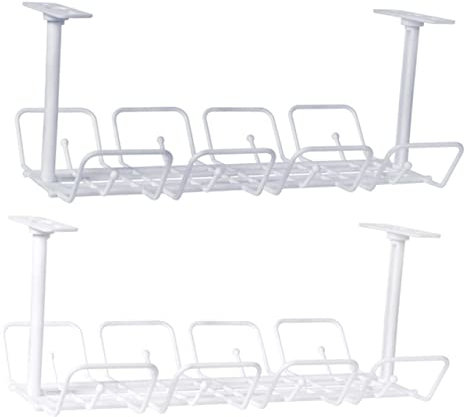 DOITOOL 2pcs Under Desk Cable Management Tray Adjustable Wire Storage Rack White Grey for Home Office Desk Cord Organizer Easy Installation