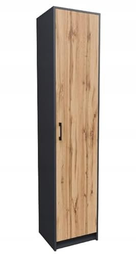 MATKAM Bücherregal Regal R8, B/H/T 39x180x35cm mit Türen, ideal für Büro, Diele Wohnzimmer, Jugend- oder Kinderzimmer, mit verstellbaren Regalböden und satinierte Griffe (Anthrazit Grau-Wotan Eiche)