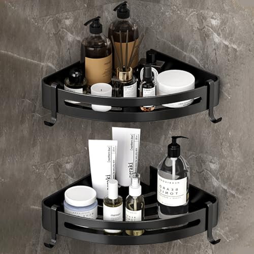 RCQD Etagere Douche, Etagere Rangement Salle de Bain,Panier de Douche Dangle avec Crochets/Plateau de Savon,Etagere Douche sans percage,étagère Salle de Bain,Rangement Douche,Dortoir et Cuisine (Nero)