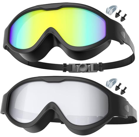 Yomisee Schwimmbrille, 2 Stück, Schwimmbrille mit Nasenklammer und Ohrstöpseln, beschlagfrei, kein Auslaufen, klare Weitsicht, für Erwachsene, Damen, Herren (Schwarz + Bright Rose)