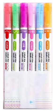 Magische Border Stift, 6 Farben Curve Highlighter Pen Roller Pens With Case, verschiedene Formen Marker, Border Design Pens Schulbedarf zum Schreiben Zeichnen Journaling Scrapbook (Bilaterale)
