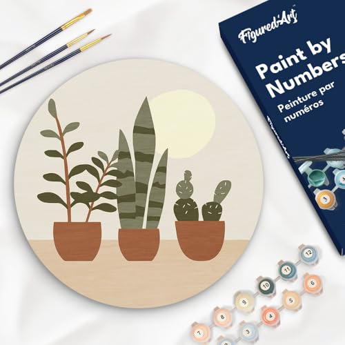 Figured'Art Peinture par Numéro Adulte sur Disque en Bois de 30cm de diamètre - Plantes grasses - Kit de Loisir Créatif DIY Numéro d'Art Complet