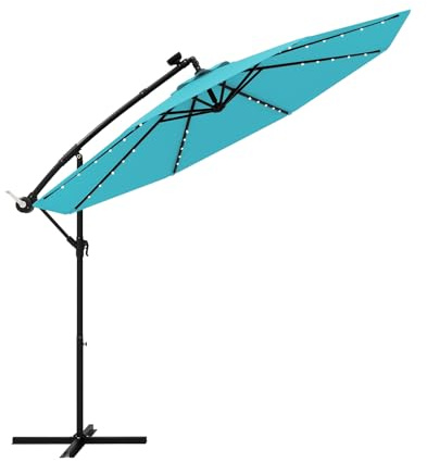 GOPLUS Sonnenschirm 300cm, Ampelschirm mit 40 Solarleuchten, Terrassenschirm neigbar, mit 8 Streben & Kreuzfuß, UV-Schutz, Marktschirm Gartenschirm für Pool, Rasen & Garten, Türkis