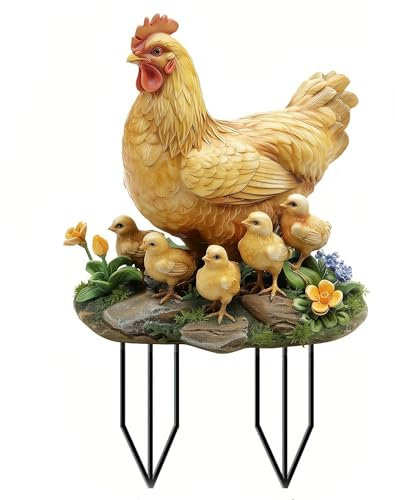 ZAHD Acryl Gartenhuhn Dekoration Henne und Küken Tierfigur für Außen Gartendeko Huhn Familie Gartenstecker Stecker 2D hühnerfamilie Gartenstecker Figur Statue Deko Figuren Huhn Acryl (A)