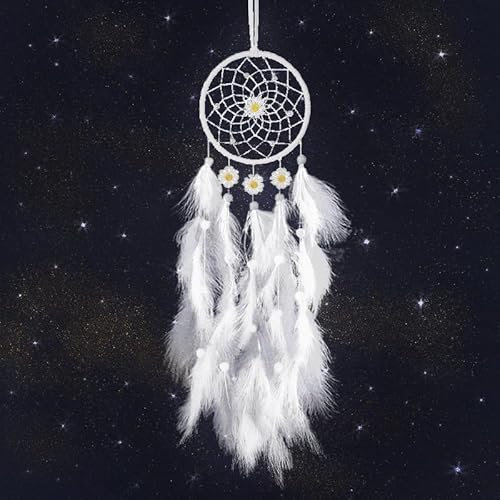 Traumfänger, handgefertigter weißer Traumfänger mit Gänseblümchen & Federn & Perlen, Boho-Wandbehang, Kunstdekor für Zuhause, Büro, Fenster, einzigartiges Geschenk für Geburtstag, Einweihung, Hochzeit