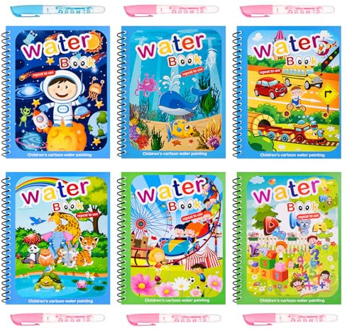 MINISOISO Livre Magique à L'eau,6 Pièces Livre de Dessin Magique de L'eau avec Stylo à L'eau,Livre de Coloriage Magique à L eau Réutilisable pour Enfants 2 3 4 5 6 Ans,Tout-Petits, Cadeau de Noël,C
