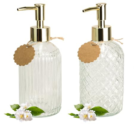 LAGAHS 2PCS Glass Soap Dispenser Bottles with 2PCS Tags, Refillable Liquid Hand Jar Dispenser with Stainless Steel Pump, Transparent Dish Soap Dispenser for Kitchen and Bathroom