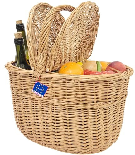Cesta de Mimbre para Compras con 2 Tapas y asa Resistente – Ligera y espaciosa XL 42x37x26 cm – Cesta de Picnic con Tapas abatibles Hecha de Mimbre Duradero – marrón Claro