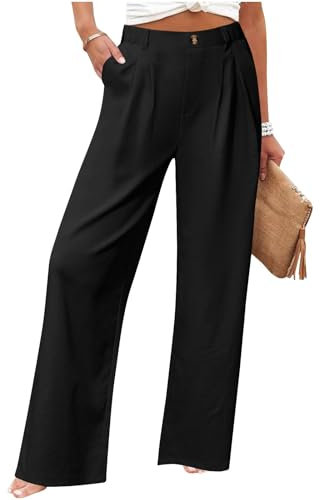 Offerte Lampo del Giorno Pantaloni Donna Casual Vita Alta Elastica Cotone Lino Tinta Unita Gamba Dritta Elastica con Coulisse Vita Alta Pantalone Elegante Tinta Unita Pants con Tasche per Ladies