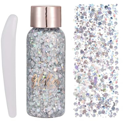 EONFAVE Body Glitter Gel, Gesicht und Körper Glitzer Schminke, Liquid Sequins für Haare und Kleidung, Feminine Festival Make Up Pailletten und Zubehör (102#Silber)