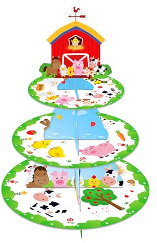 MORAINJAY 3-stöckiger Cupcake Ständer Bauernhoftiere – Papp Tortenständer für Muffins, Dessert Etagere, Farmtier Party Tischdeko, Kuchenständer für Kindergeburtstag & Feier