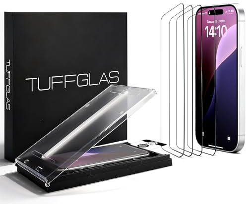 TUFFGLAS 4 Stück Panzerglas Displayschutzfolie für iPhone 15 Pro [6,1 Zoll], 9H Härte, HD Klar, Militärischer Fallschutz, Stoß- und Kratzfest, Einfache Installationsbox