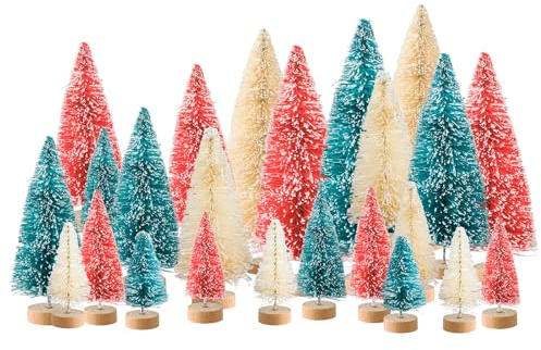 24PCS Mini Christmas Trees – Tabletop Pine Decorations for Desk, Shelf, Mantel, Home or Office – Miniature Xmas Trees for Holiday Decor, Crafts and Party Display (Red blue beige)