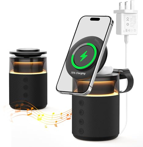 Charging Station,3 In 1 Wireless Charger With Speaker,15W Magnetic Fast Charger Compatible with iPhone 17 16 15 14 13 12 Pro Max Air Apple Watch Airpods,Bedside Docking Station with Light,33w Plug
