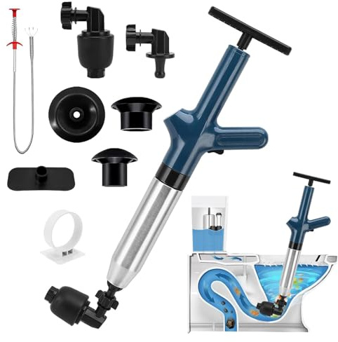 Toilet Unblocker Heavy Duty, Toilet Plunger Kit High Pressure Sink Unblocker Tools with 4 Replaceable Heads and Visual Barometer Drain Unblocker for Unblocking Toilets,Sink,Bathtub,Floor,Drain (Blue)