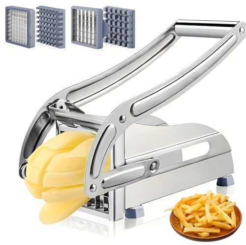 Pommes Schneider Edelstahl, Pommespresse mit 2 Klingengrößen (36/64 Raster) | Rutschfester Kartoffelschneider für perfekte Pommes Frites, Robuster Gemüseschneider für Kartoffeln & Süßkartoffeln