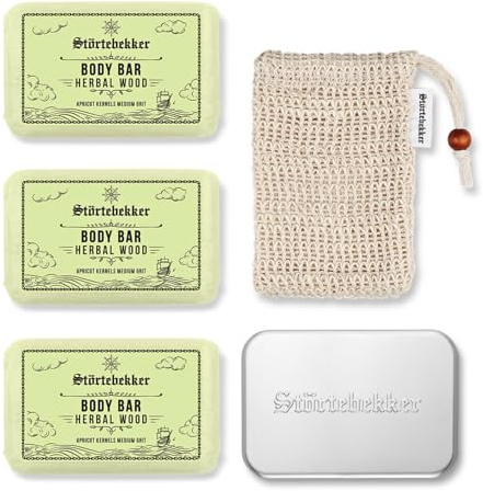 Störtebekker® Premium Duschset Body | 3x Festes Duschgel (Herbal Wood - Body Scrub) inkl. Sisal Soap Bag & Soap Box XL für Herren & Damen | vegan & handgefertigt in Holland