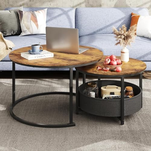 WLIVE Couchtisch 2er Set, Beistelltisch Rund mit Stauraum, Wohnzimmertisch mit Korb aus Stoff，Metallgestell, Kaffeetisch für Wohnzimmer, Braun