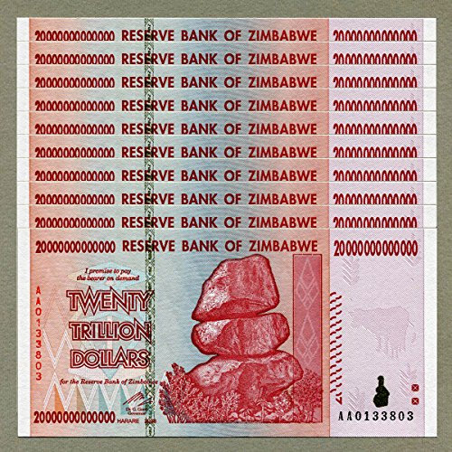 Zimbabwe 20 Trillion Dollars x 10 pcs AA 2008 P89 Consecutive UNC Currency Bills