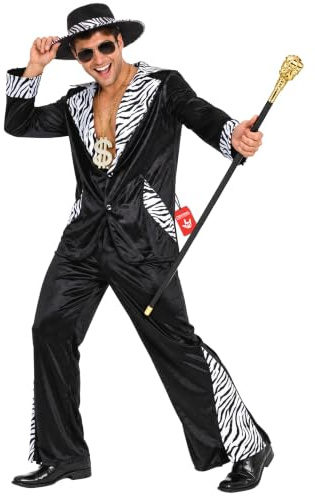 Morph Zuhälter Kostüm Herren, 70er Jahre Halloween Kostüm Herren | Samtjacke, Hose & Hut, Zebra-Print im 70er-Stil, Zum Überziehen, Perfekt für Halloween, Ideal zum Verkleiden