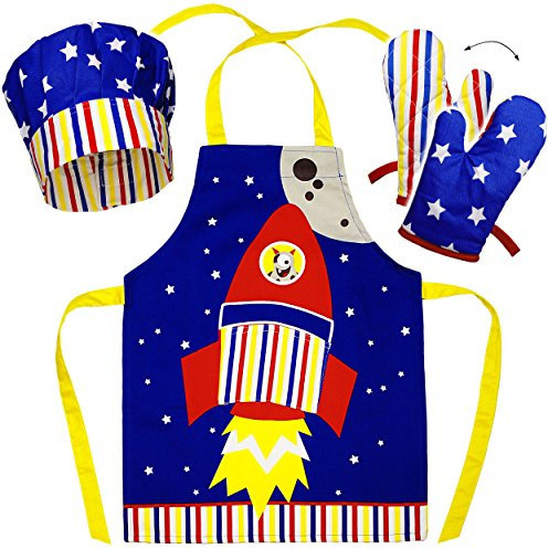 alles-meine.de GmbH 3 TLG. Set: Kinderschürze + Kochmütze + Topfhandschuh - Rakete - Raumschiff - Weltraum/Astronaut - Raumfahrer - Größenverstellbar - 100% Baumwolle - FL..