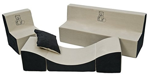 Velinda Kinderzimmer-Set m. Stickerei: Kinderstuhl+Sofa+Relaxliege Kindermöbel Spielecke (Farbe: beige-grau)