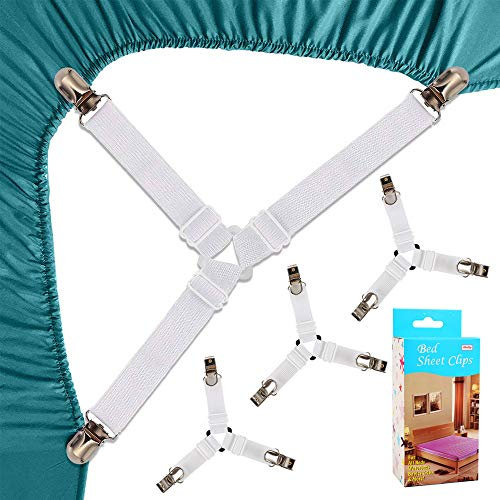 Felly Sangles pour Draps de Lit 4 Pièces Attache Drap Housse Triangle Attache Matelas élastique Tendeur de Draps Réglable Bretelles Sangle pour Matelas