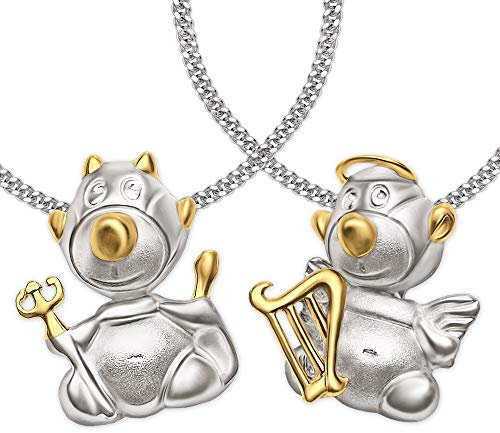 CLEVER SCHMUCK Halsketten 2 Partneranhänger jeweils Engel und Teufel teilvergoldet mit je 2 Ketten Panzer 50 cm Sterling Silber 925 925 im Schmucketui