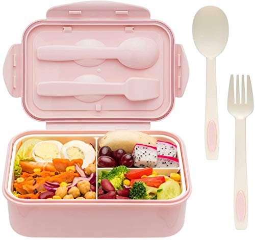 TTBAODAN Fiambreras bento para Niños/Adultos, Caja de almuerzo Con Tres Compartimentos y Cubiertos | Hermética | Libre de BPA | Apto Microondas y Lavavajillas | 1400ml (Rosa)
