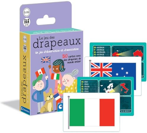 Clementoni | Jeu des Drapeaux – Jeu de Société Éducatif pour Filles et Garçons 6 Ans+ | 50 Cartes Pays | Observation et Association | Culture Générale | Apprentissage Géographie