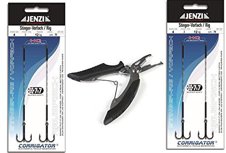 Set: 2 Packungen (4 Stück) Jenzi Stück Stinger VORFACH Rig 7x7 ANGSTHAKEN Hakengröße 4, 12kg, 8 cm + gratis Angelschere