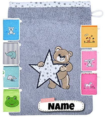 Baby Waschhandschuh personalisiert | 15x20 cm | Waschlappen Kinder mit Namen bestickt | 100% Baumwolle | Frottee | Baby Geschenke (Teddy Stern grau)