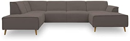 DOMO. collection Wohnlandschaft Jules FK, skandinavisches Sofa mit Federkern, Couch in U-Form mit Holzfüßen, 333 x 191 x 81 cm (BxTxH), Longchair rechts, braun (khaki)