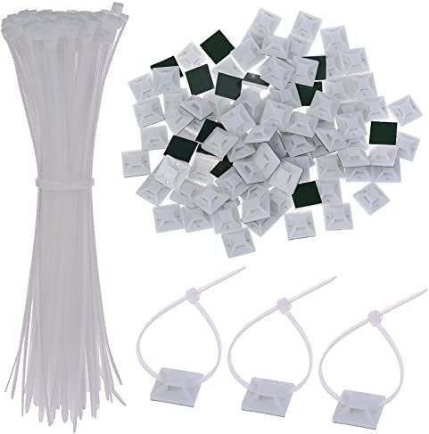 Faburo 100 pz Fascette Plastica per Cablaggio 150 mm x 2,5 mm Bianco + Supporto Autoadesivo per Fascette Stringicavo (20mm), Con Viti Autofilettanti, Cable Management, Ufficio, Garage e Officina