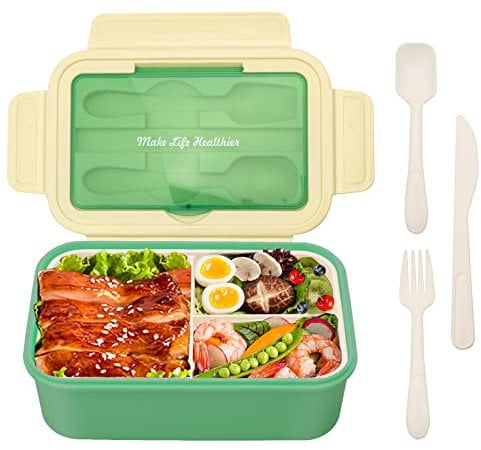 BIBURY Bento Box, 1400ml Leakproof Lunch Box for Adults and Kids, Food Container with 3 Compartments and Cutlery, Dishwasher/FDA Approved/BPA Free Meal Prep Containers Sandwich Box