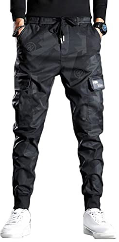 ORANDESIGNE Herren Mehrere Taschen Lässige Cargohose Techwear Hosen Hip Hop Jogger Tapered Hosen Schnalle Riemen Jogginghose Streetwear Punk Hose H Schwarz XS