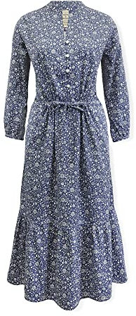 Hope & Henry Damen Langarm Knopfleiste vorne gestuftes Kleid, Dunkelblaues Volks-Blumenmuster, 40