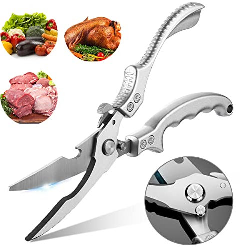 DJLLA Geflügelschere Küchenschere, Silber-Edelstahl Mehrzweckschere, Profi Haushaltsschere, mit Sicherheitsschloss Federmechanismus, für Truthahn, Fisch, Gemüse, Gans, BBQ, Hähnchen, Garnele
