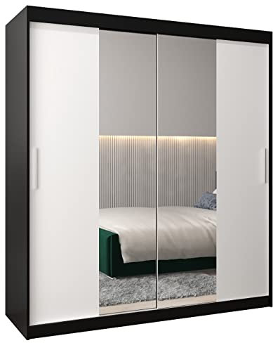 ABIKSMEBLE Tokyo 1 180 Armadio da Camera a Due Ante Scorrevoli - Armadio Moderno con Specchio, Barra e Ripiani - 180x200x62 cm (L x A x P) - Nero Opaco + Bianco Opaco