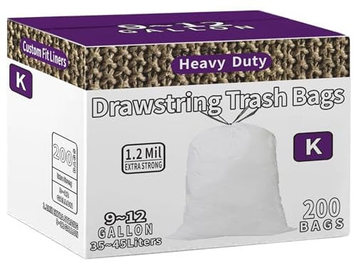 AngeLvet Code K Drawstring Trash Bags Compatible with simplehuman Code K | 200 Count total | 9-12 Gallon / 35-45 Liter | 1.2 Mil Thinkness | White Garbage Can Liners | Heavy Duty Plastic Trash Bags